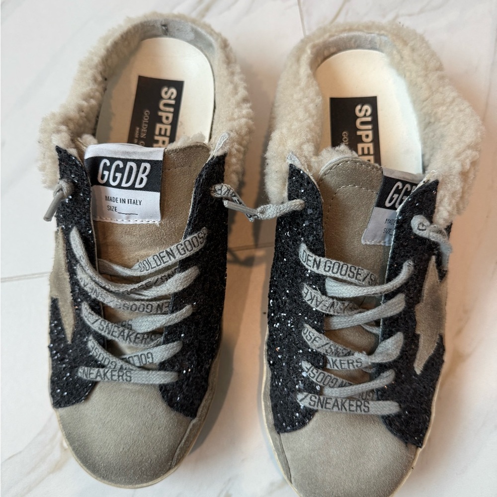 Golden Goose Black and Gray Mules with Star Design